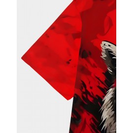 Men's Novelty Tiger Print T-Shirt - Red, Casual Crew Neck, Short Sleeve, Polyester Blend, Machine Washable, Bold Graphic Design