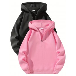 [Sporty Sweatshirts] 2pcs Sporty Comfortable Fleece-Lined Half-Zip Hooded Sweatshirts | Unisex Regular Fit Polyester Pullovers with Zippered Pockets for Gym, Casual & Lounge Wear, Machine Washable, Soft Knit Texture, Heather Grey & Black