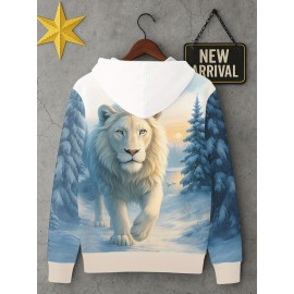 [3D White Lion Hoodie] 3D Snow Forest White Lion Hoodie for Men | Animal Print Pullover with Drawstring Hood and Pocket, Long Sleeves - Casual Autumn Winter Streetwear, Nature Wildlife Sweatshirt