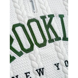 Jacquard Preppy Collared Neck Long Sleeve Embroidered Loose Fit Regular Length Knit Fabric Hoodie