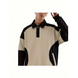 [NASAOVER Long Sleeve Shirt] Men's NASAOVER Colorblock Long Sleeve Shirt - Casual Loose Fit, Two-Tone Black/Beige, Button Detail, Ideal for Spring & Summer Outdoor Activities