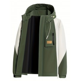 Men's Windproof Hooded Jacket for Spring & Autumn - Lightweight Work Jacket with Zipper Closure, Contrast Color Block Design, Polyester Lining & Pockets - Outdoor Sports, Hiking, Casual Wear