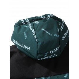 [Windproof Jacket] Warm & Stylish Men's Thick Windproof Hooded Jacket | Large Pockets & Drawstring, Black Polyester, Casual Letter Print Versatile Outerwear, Durable Outerwear