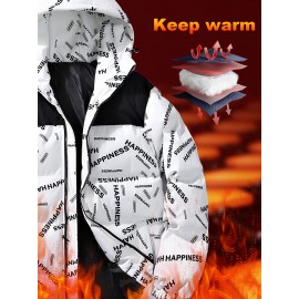 [Windproof Jacket] Warm & Stylish Men's Thick Windproof Hooded Jacket | Large Pockets & Drawstring, Black Polyester, Casual Letter Print Versatile Outerwear, Durable Outerwear