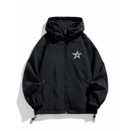 Men'S Casual Hooded Windbreaker Jacket with Star Design - Black, Long Sleeve, Zippered, Polyester Lining, Casual Outdoor Wear for Spring and Fall, Casual Outerwear | Star Print Jacket | Adjustable Hood, Essential Jacket
