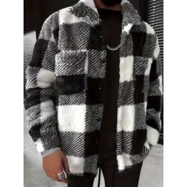 Men'S Cozy Plaid Fleece Jacket - Black & White Checkered Pattern, Loose Fit Winter Coat with Button Front, Long Sleeves, and Fluffy Lining for Fall/Winter, Winter Coat