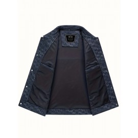 Men's Navy Blue Bomber Jacket with White Camo & Chest Pocket - Short Single-Breasted Casual & Business-Casual Coat, Collar, Button-Front Door, (No-Fill) for Fall/Spring Outerwear