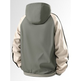 [Trendy Polyester Hooded Jacket] Trendy Lightweight Polyester Men's Casual Zip-Up Hooded Jacket - Color Block Design with Striped Accents, Perfect for Spring & Autumn