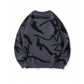 [Men's Geometric Sweater] Xingfan Men's Geometric Print Pullover Sweater | Drop Shoulder Casual Long Sleeve Round Neck Knit Top with Ribbed Detailing, Autumn Winter Warmth, Regular Fit for Casual Attire