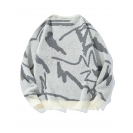 [Men's Geometric Sweater] Xingfan Men's Geometric Print Pullover Sweater | Drop Shoulder Casual Long Sleeve Round Neck Knit Top with Ribbed Detailing, Autumn Winter Warmth, Regular Fit for Casual Attire