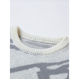 [Men's Geometric Sweater] Xingfan Men's Geometric Print Pullover Sweater | Drop Shoulder Casual Long Sleeve Round Neck Knit Top with Ribbed Detailing, Autumn Winter Warmth, Regular Fit for Casual Attire