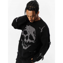 ANDREILEE Unisex Skull Print Crew Neck Sweater, Street Style Acrylic Blend, Loose Fit, Long Sleeve, Ripped Tassel Detail, Knit Pullovers for Fall/Winter