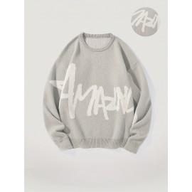 [Winter Streetwear Sweater] Autumn/Winter JNBLDA Men's Streetwear Casual Loose Fit Knit Sweater | Round Neck Long Sleeve Pullover with 'amani' Letter Print, Ribbed Cuffs & Hem