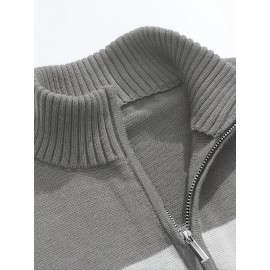 Men's Slim-Fit Casual Soft Commuter Knit Sweater - High Neck Long Sleeve with 1/4 Zipper, Navy & Light Grey Color Block Design for Autumn/Winter, Office & Casual Wear, Knitted Sweater, Comfortable Winter Wear