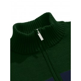 Men's Slim-Fit Casual Soft Commuter Knit Sweater - High Neck Long Sleeve with 1/4 Zipper, Navy & Light Grey Color Block Design for Autumn/Winter, Office & Casual Wear, Knitted Sweater, Comfortable Winter Wear