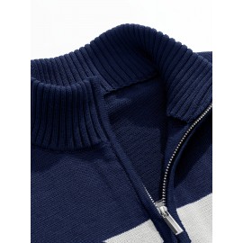 Men's Slim-Fit Casual Soft Commuter Knit Sweater - High Neck Long Sleeve with 1/4 Zipper, Navy & Light Grey Color Block Design for Autumn/Winter, Office & Casual Wear, Knitted Sweater, Comfortable Winter Wear