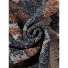 Men's Casual Color-Block Geometric Knit Sweater - Loose Fit Ribbed Detail Pullover, Machine Washable Autumn Winter Warm Crewneck Sweater for Casual Attire, Knitted Sweater, Durable Winter Wear