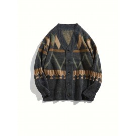 Preppy Geometric-Pattern Knit Cardigan, 80% Acrylic 20% Nylon, V-Neck Long Sleeve Loose-Fit, Slight Stretch, Spring/Fall Season Outerwear
