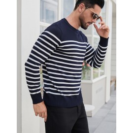 Men'S Casual Striped Knit Sweater - Navy & Vertical Stripes, Long Sleeve Crew Neck, Medium Stretch, Regular Fit for Spring/Fall, Versatile Layering Piece, Spring Fall Apparel | Classic Striped Design | Medium Stretch Fabric