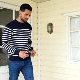 Men'S Casual Striped Knit Sweater - Navy & Vertical Stripes, Long Sleeve Crew Neck, Medium Stretch, Regular Fit for Spring/Fall, Versatile Layering Piece, Spring Fall Apparel | Classic Striped Design | Medium Stretch Fabric