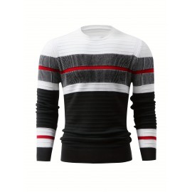 Men'S Fashionable Striped Knit Pullover Sweater - Stretchy Blend, Long Sleeve, Round Neck, Black/White/Red Vertical Stripes, Casual Style for Fall/Winte