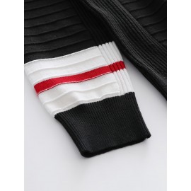 Men'S Fashionable Striped Knit Pullover Sweater - Stretchy Blend, Long Sleeve, Round Neck, Black/White/Red Vertical Stripes, Casual Style for Fall/Winte