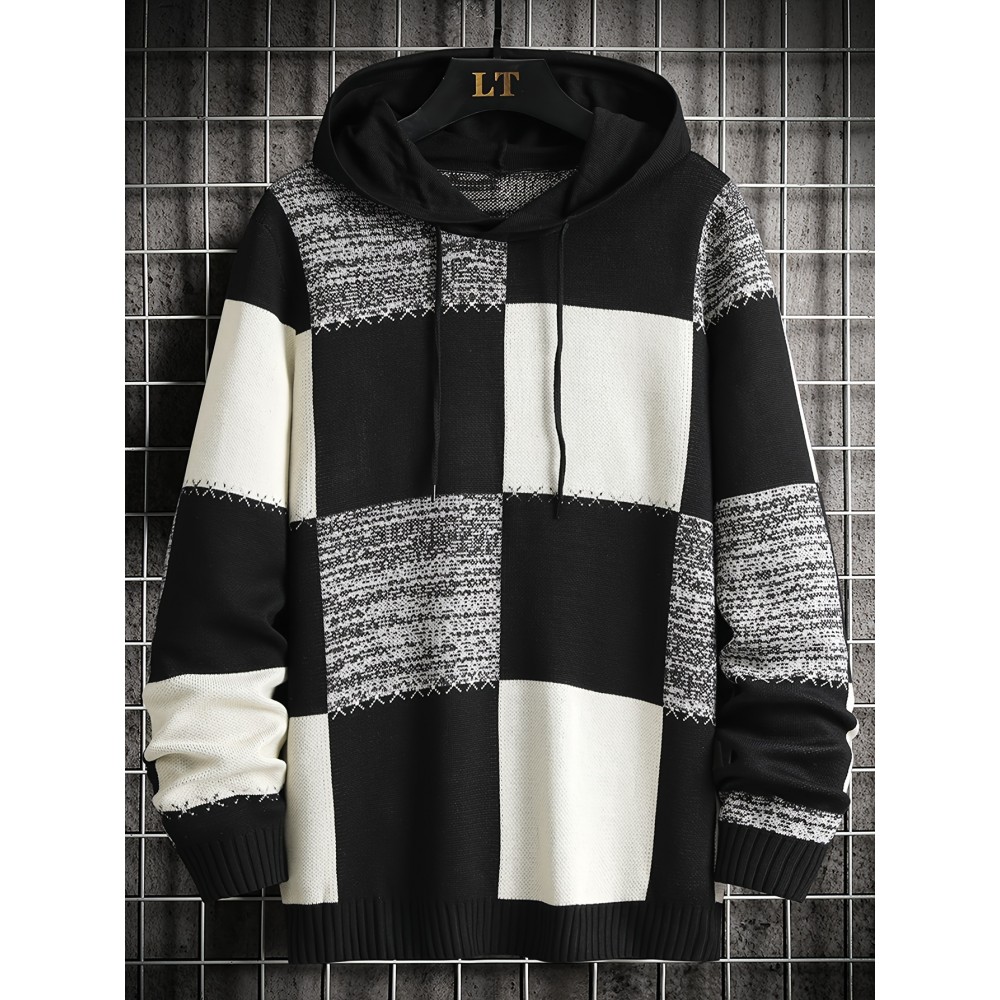 Men's Casual Hooded Color-Block Sweater - Black & Plaid Pattern, Sleeve Pullover with Ribbed Cuffs & Adjustable Drawstring Hood for Spring/Fall Daily Commute & Casual Outings, Sweater Hoodie, Durable Knitwear, Comfortable Fit