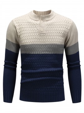 Beige/Blue/Gray/Black/White Men's Thick Winter Knit Sweater - Color Block Stripes, Round Neck Half-Zip Button Detail, Medium Stretch Casual Retro Style Regular Fit Long Sleeve Pullover for Casual Attire, Knit Sweater, Comfortable Fit
