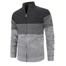 Men's Knitted High Collar Zip-Up Striped Casual Fleece-Lined Thick Sweater