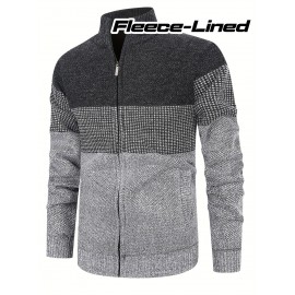 Men's Knitted High Collar Zip-Up Striped Casual Fleece-Lined Thick Sweater
