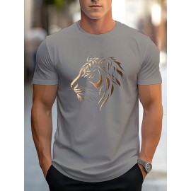 Men'S Stylish Lion Graphic T-Shirt - Brown with Golden Accent Design, Casual Summer Wear, Lightweight Polyester Fabric, Round Neck, Machine Washable, Casual Summer Top|Round Neck Shirt|Polyester Fabric