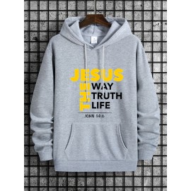 Men's Jesus The Way Truth Life John 14:6 Scripture Hoodie - Brown with Bold Yellow Lettering, Casual Pullover Hooded Sweatshirt, Regular Fit Autumn Winter Comfortable Religious Apparel