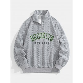 Jacquard Preppy Collared Neck Long Sleeve Embroidered Loose Fit Regular Length Knit Fabric Hoodie