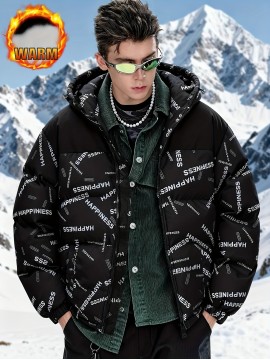 [Windproof Jacket] Warm & Stylish Men's Thick Windproof Hooded Jacket | Large Pockets & Drawstring, Black Polyester, Casual Letter Print Versatile Outerwear, Durable Outerwear