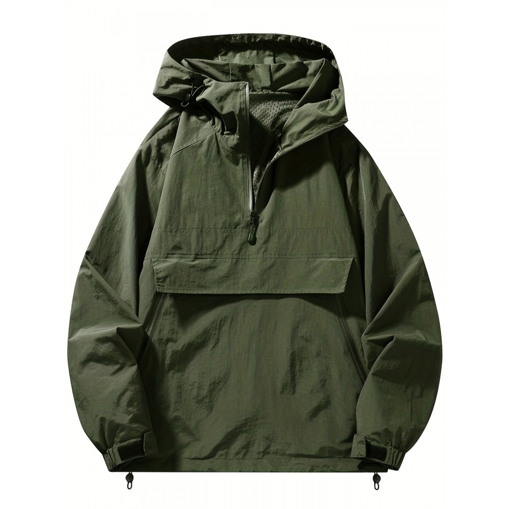 Men's Windproof Hooded Jacket - Casual Outdoor Pullover with Zipper Pockets, Long Sleeve, Machine Washable, Green Polyester Fabric for Spring/Fall, Windbreaker Jacket