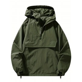 Men's Windproof Hooded Jacket - Casual Outdoor Pullover with Zipper Pockets, Long Sleeve, Machine Washable, Green Polyester Fabric for Spring/Fall, Windbreaker Jacket