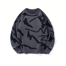 [Men's Geometric Sweater] Xingfan Men's Geometric Print Pullover Sweater | Drop Shoulder Casual Long Sleeve Round Neck Knit Top with Ribbed Detailing, Autumn Winter Warmth, Regular Fit for Casual Attire