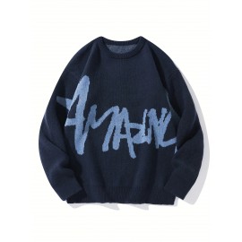 [Winter Streetwear Sweater] Autumn/Winter JNBLDA Men's Streetwear Casual Loose Fit Knit Sweater | Round Neck Long Sleeve Pullover with 'amani' Letter Print, Ribbed Cuffs & Hem