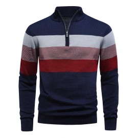 Men's Slim-Fit Casual Soft Commuter Knit Sweater - High Neck Long Sleeve with 1/4 Zipper, Navy & Light Grey Color Block Design for Autumn/Winter, Office & Casual Wear, Knitted Sweater, Comfortable Winter Wear